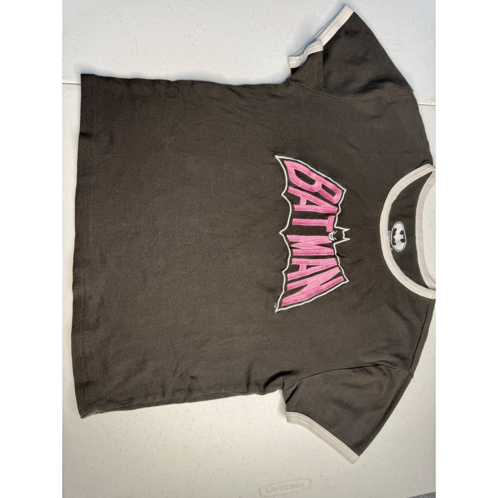Batman Graphic Ringer Tee XL Charcoal Grey Pink Embroidered Logo Cotton Shirt
